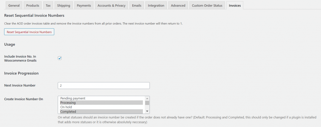 Sequential invoice numbers plugin settings